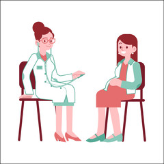 Pregnant woman at checkup with doctor in flat vector illustration - isolated young future mother with big tummy sitting at chair at doctors office and consulting with medical specialist.