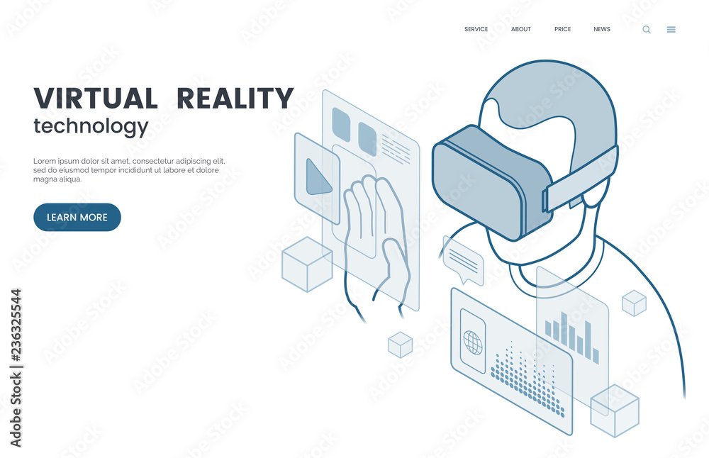 Poster Virtual reality and augmented reality vector illustration. Man with VR glasses experiencing user interface. Isometric outline style. The future of information and entertainment technology. Eps 10.