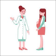Pregnant woman at checkup with doctor in flat vector illustration. Isolated young future mother with big tummy standing at doctors office and consulting with medical specialist.