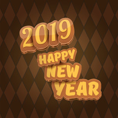 2019 Happy new year creative design background or greeting card with colorful numbers and greeting text. Happy new year label or icon isolated on tweed plaid check pattern texture background