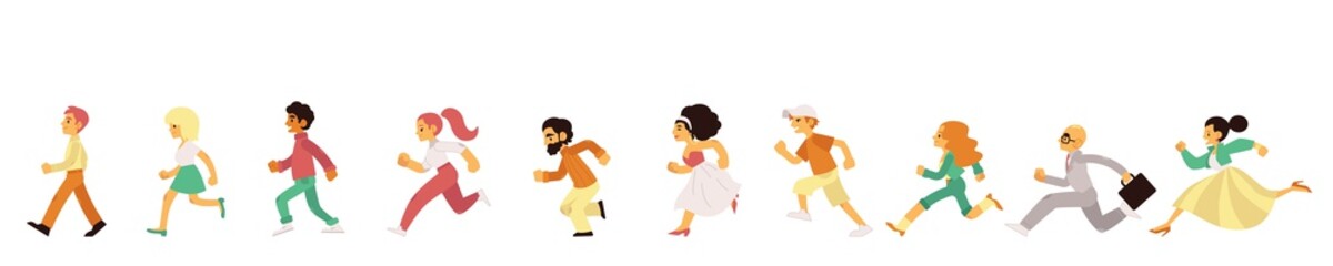 People of different age and gender in casual clothing running in flat style isolated on white background. Side view of happy hurrying men and women moving forward quickly in vector illustration.