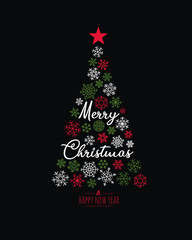 Fototapeta na wymiar Modern greeting card Merry Christmas background. Vector illustration with Christmas tree elements snowflake. The colors red, white and green. 