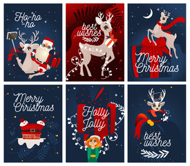 Vector xmas greeting cards, posters design with cheerful reindeer, santa claus and elf assistant with big present. Merry christmas, best wishes, holly jolly lettering with winter traditional character