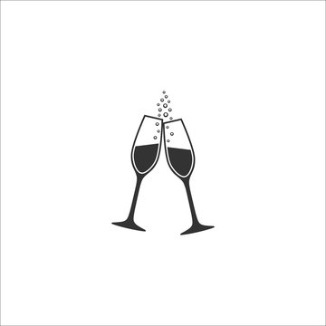 Two champagne glasses with bubbles vector icon. Sparkling wine toast glasses celebration icons.