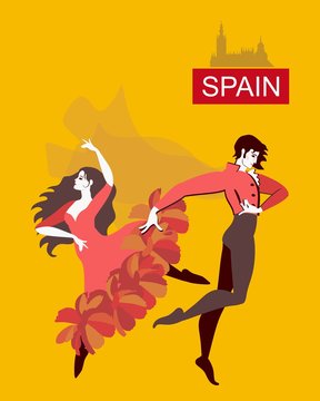 Beautiful spanish dancers flamenco isolated on yellow background in vector.