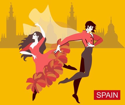 Spanish couple - girl dressed in red dress, and man wearing national clothes with flying cloak - are dancing flamenco in streets of the city. Yellow background, silhouettes of buildings in distance.