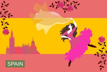 Beautiful Spanish girl dressed in long pink dress and with flowing shawl, dancing flamenco in the streets of the city. Stylized image of the Spanish flag. Flowering branches of trees.