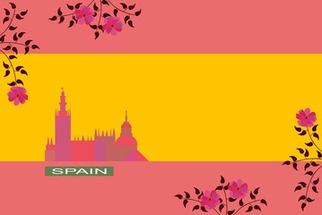 Stylized spanish flag with silhouette of building and blooming branches. Vector illustration.