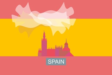 Stylized image of the Spanish flag. The silhouette of the building, a white cloud in the shape of a flying bird, the inscription Spain on a green rectangle.