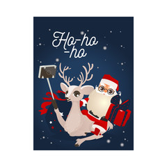 Vector illustration of Christmas and New Year congratulation card with smiling reindeer and Santa Claus with wrapped gift box making selfie using mobile phone and selfie-stick in flat cartoon style.