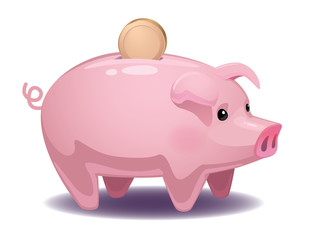 Cute pink piggy bank with gold coin on white background isolated