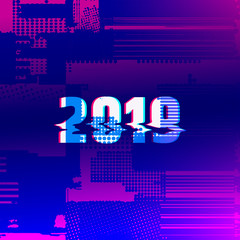 Number 2019 distorted, glitch effect. Background screen error graphics. Background with broken strokes, screen error.