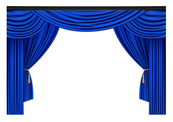 Blue luxury curtains and draperies on white background