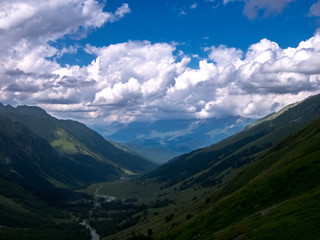 View of the valley of the river Sofia from the height of the pass "Sophia saddle". 2560m. Arkhyz. KCR, Russia.