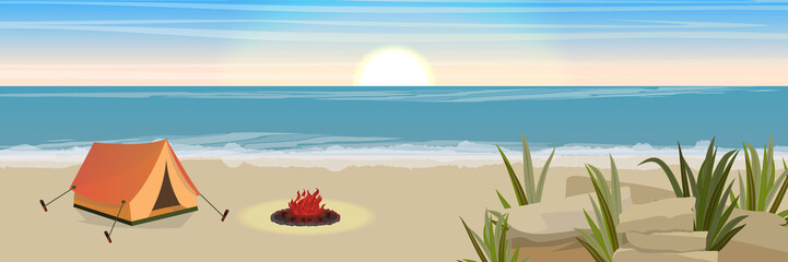 Tourist tent and fire. Sandy coastline with rocks and thickets of grass. Seascape. Vector landscape