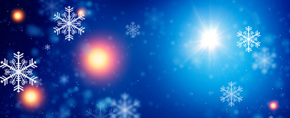 Blue sparkling background with stars. Blue bokeh background with snowflakes. Empty winter background, snowy, celebratory.