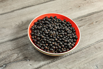 Fototapeta na wymiar Ceramic bowl, red inside, with freshly picked blackcurrants (Ribes nigrum) on gray wood desk.