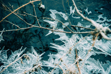 Ice fragments under thin layer of frozen river water. Dark blue natural background