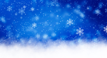 Blue sparkling background with stars. Blue bokeh background with snowflakes. Empty winter background, snowy, celebratory.