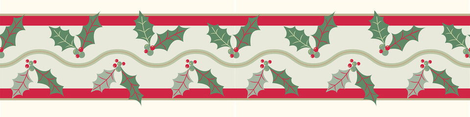 Festive Christmas pattern of holly leaves and berries on a light background. Seamless holiday vector border, great for stationery, washi tape, ribbon, trims and home decor.