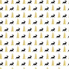 Vector Illustration. Seamless Background with deer and doddle christmas tree. Modern winter design