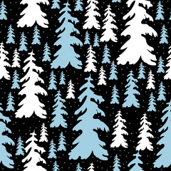 Obraz premium Vector Illustration. Seamless Doodle christmas tree icon. Winter trees background for design