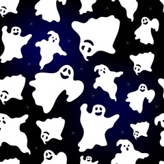 Vector Illustration. Seamless background with Set of Ghost in cartoon style. Spooky icon on sky background with stars