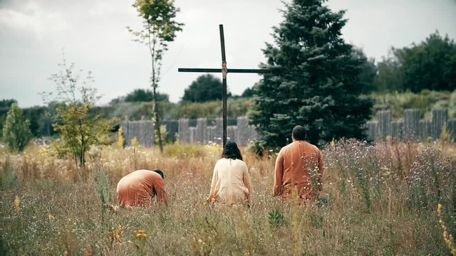 An ancient Slavic pagan city built of wood, excellent scenery for a historical film, old wooden churches and houses, an orthodox cross, summer time, no people in the frame, old Kiev