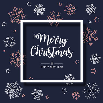 Square modern greeting card Merry Christmas. Vector illustration with Christmas snowflakes. The colors copper pink, white and navy blue.