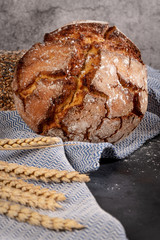Fresh fragrant bread on the table. Food concept. Corn bread.