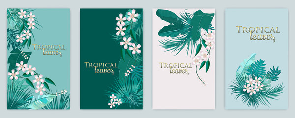 Obraz premium Vector tropical background set in Quetzal Green colors. Botany design for cover.