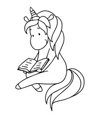 Cute little unicorn is reading a book. Black and white illustration
