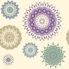 Seamless abstract pattern with lace circles, pastel colors, light beige background, graphics.