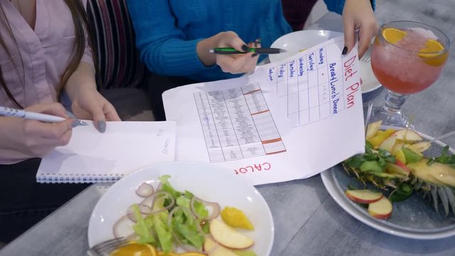 healthy lifestyle, girls do count calories with diet planning calendar on sheet of paper during lunch close-up
