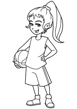 recommend clip art: Full length line art illustration of cute and active girl holding a basketball while wearing cool summer clothing outdoors against white background for copy space.