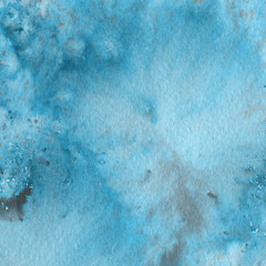 Obraz premium Blue watercolor winter texture with abstract washes and brush strokes on the white paper background. Frozen look.