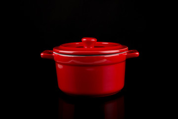 Stockpot, Red stockpot with lock isolated on black background with reflections, centered