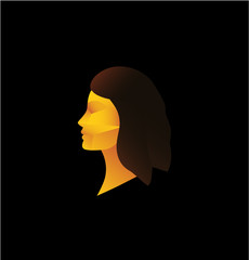 Artistic low-poly logo/icon illustration  of a woman profile made in vector eps10, retro design in golden and brown colors, techno art isolated on the black background