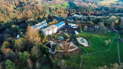Aerial image of the David Livingstone memorial bridge and Blantyre Weir on the River Clyde.