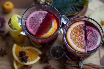 Delicious Christmas mulled wine with orange, lemon zest, cinnamon and anise