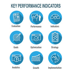 KPI - Key Performance Indicators Icon set with Evaluation, Growth, Strategy, etc