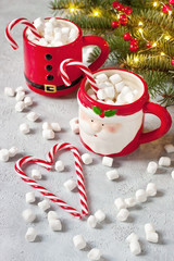 Christmas mugs  with hot chocolate and marshmallows