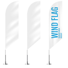 White textile wind banner flags. Banner wind flag mockups set. Set of vector advertising mockups.