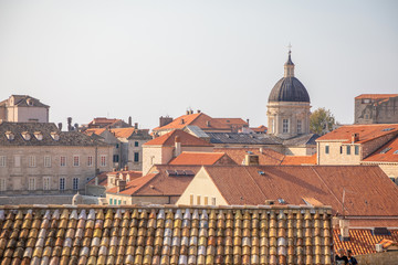 View of Dubrovnik red roofs in Croatia at sunset light