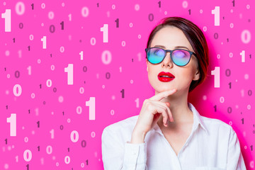 Beautiful businesswoman with binary code on pink background