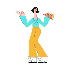 Vector stylized woman eating pizza at party waving hand or dancing. Cute female character eating italian food. Young girl at birthday, corporate celebration. Isolated illustration
