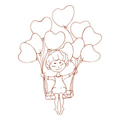 A little girl flying through the sky in balloons in the shape of hearts. Valentine's Day greeting card for print.