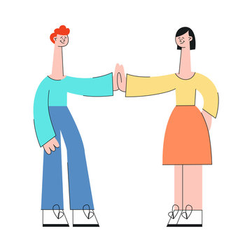 Young people giving each other five in flat style isolated on white background - vector illustration of smiling man and woman doing congratulating with success or greeting gesture.