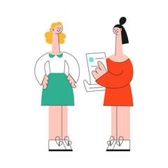 Vector illustration of two women discussing project or contract in flat style. Young female character standing with paper document and pointing on it to another girl isolated on white background.