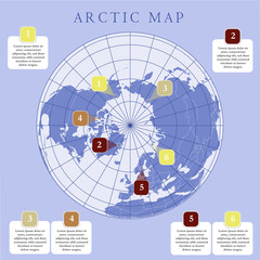 Arctic map with countries boundary, grid and label. Arctic regions of northern hemisphere. Circumpolar projection. Vector. Infographic. Purple background.